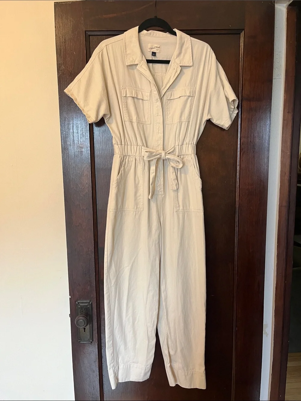Cream Utility Jumpsuit with Tie Waist
